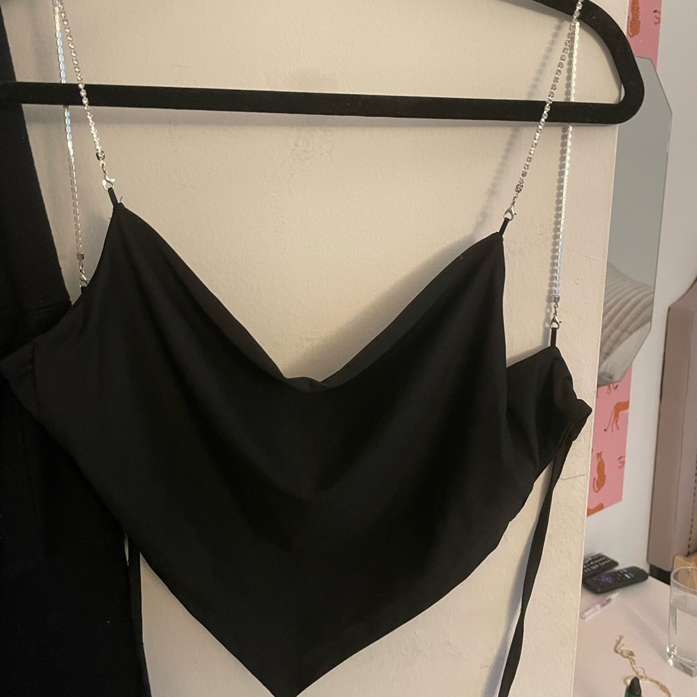 NEW rhinestone straps open back cowl neck top black satin
